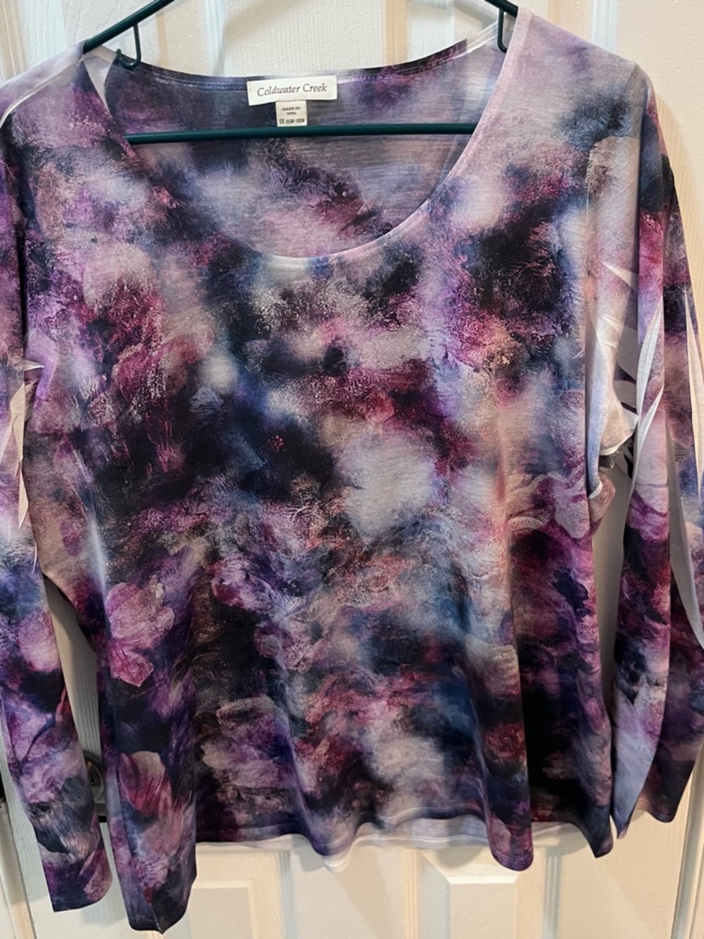 Coldwater Creek Purple & Blue Abstract Watercolor Long Sleeve Tee Size 1X.